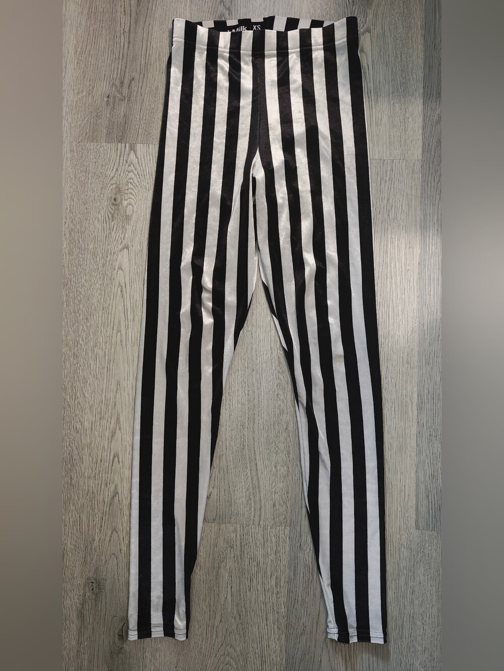 BlackMilk Ringleader Mono Velvet Leggings XS Black White Stripe Beetlejuice Goth